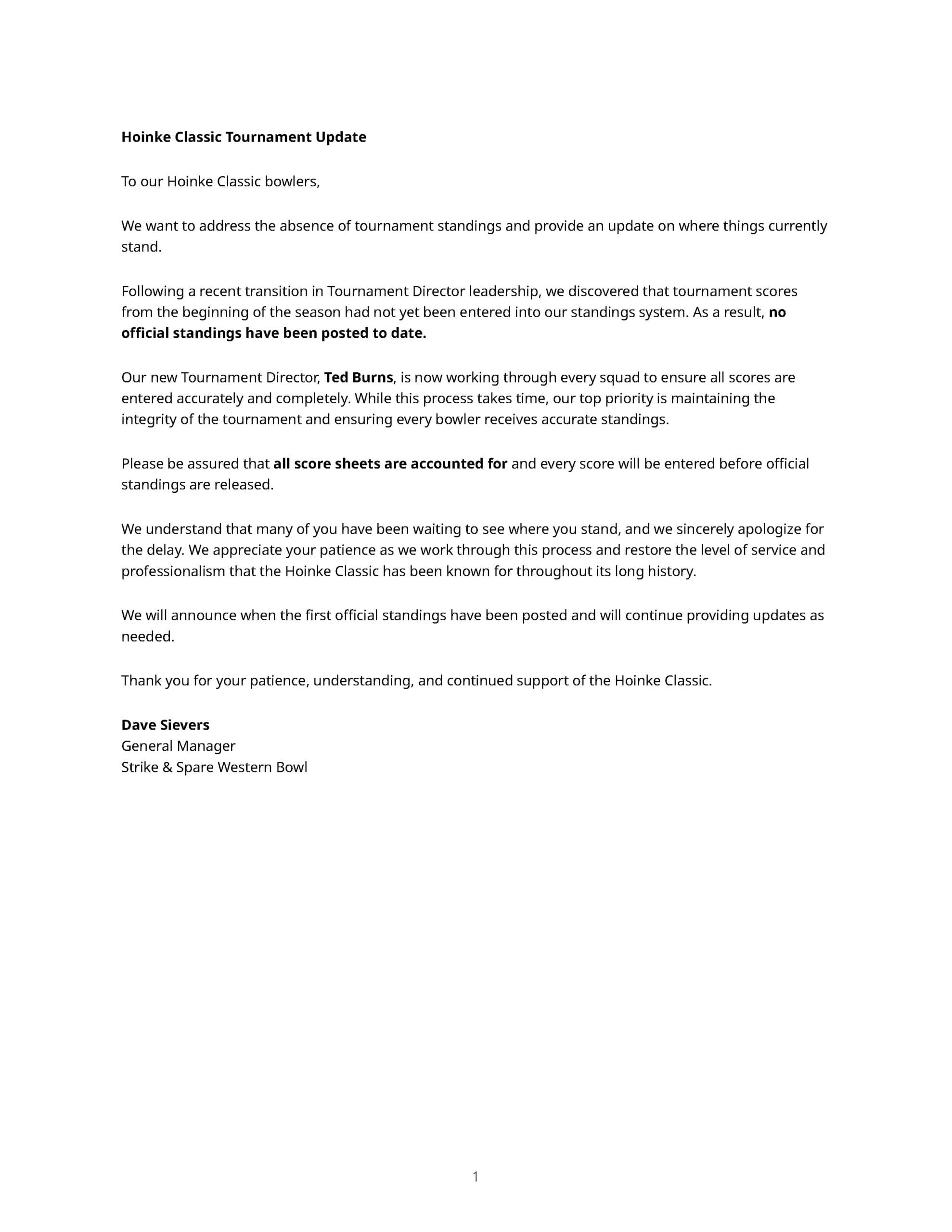 Hoinke Classic Tournament Update